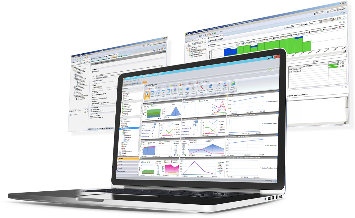 Three dashboards of SQL Server monitoring within the SQL Diagnostic Manager for SQL Server software